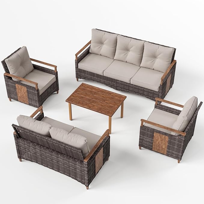 Nestnook 5 Pieces Patio Furniture Set, Outdoor Conversation Set with All-Weather Handwoven PE Wicker Sofa, Rattan Chairs and Thick Cushion, Loveseat & Coffee Table for Backyard, Deck & Poolside, Beige