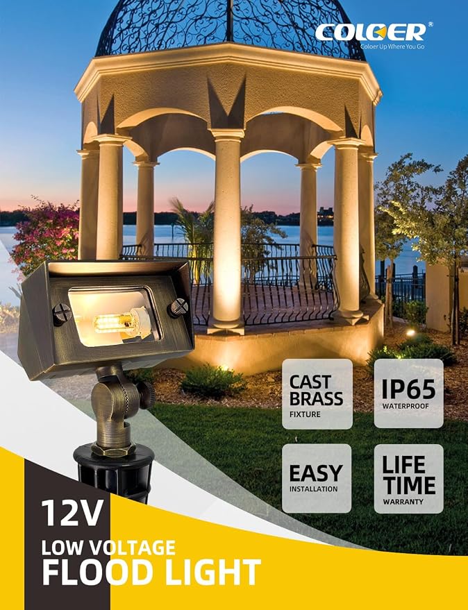 COLOER Brass Small Rectangular Flood Lights Outdoor 6 Pack with 3W 2700K Warm White LED G4 Bulb, 12V Low Voltage Landscape Outside Lights for House Illuminating Signs, Walls and Tree