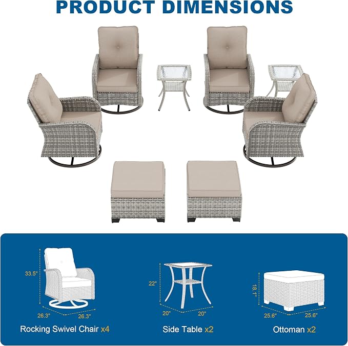 8-Piece Small Patio Furniture Set, Outdoor Swivel Rocking Chairs Set with Ottomans, Patio Bistro Set for Balcony, Deck, Porch, Khaki