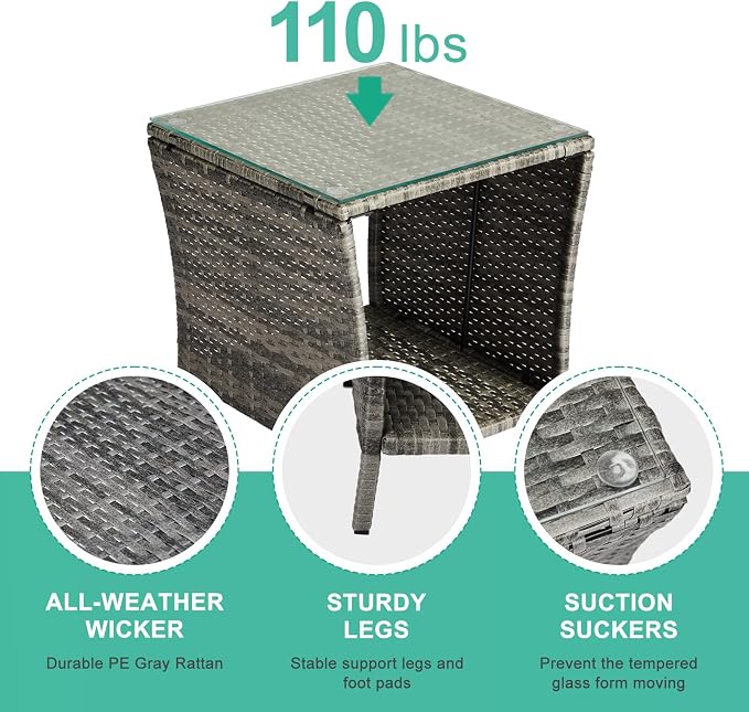 Outdoor Patio Wicker Side Table, Square End Side Table Bistro Coffee Table with Glass Top Storage Shelf for Porch Garden Backyard, Grey