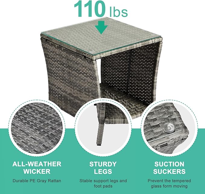 Outdoor Patio Wicker Side Table, Square End Table Bistro Coffee Table with Glass Top Storage Shelf for Porch Garden Backyard Rattan End Table Furniture with Storage (Light Grey)