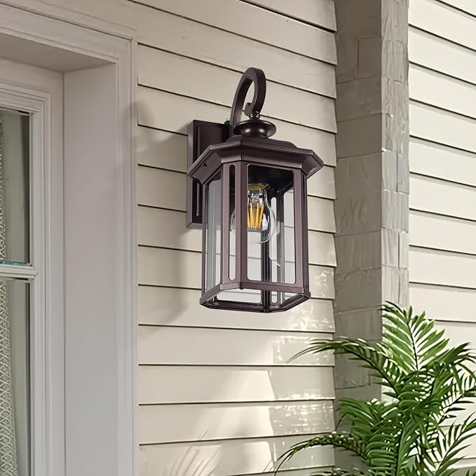 Dusk to Dawn Outdoor Wall Light Fixtures,14'' Outdoor Porch Sconces Lighting , Waterproof Wall Lanterns with E26 Sockets & Glass Shades, Modern Oil Rubbed Bronze Outside Lights for Front Door Entryway