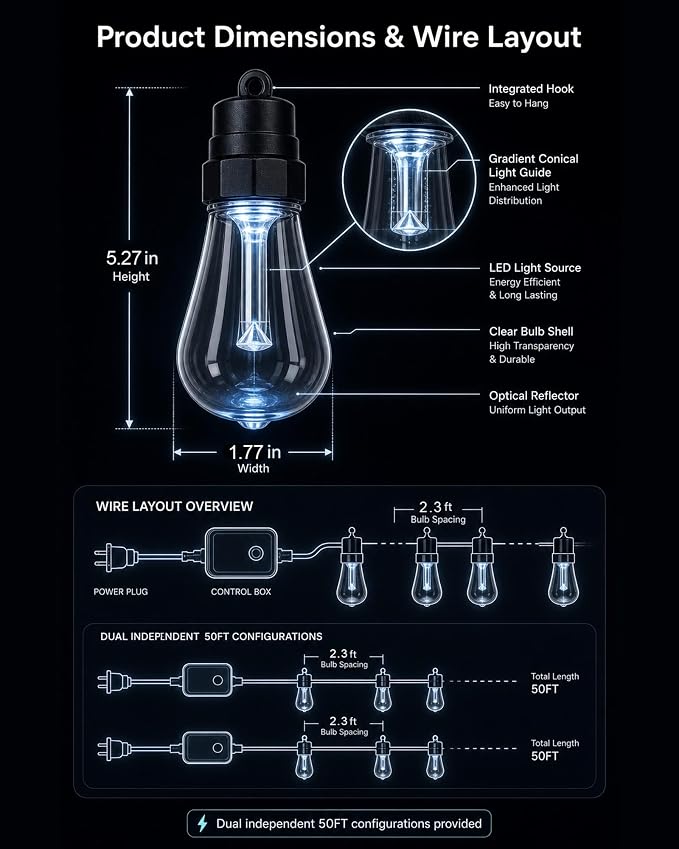 50FT RGBW Outdoor String Lights 24V Dimmable Patio | IP65 Waterproof, 200+ Dynamic Modes, Music Sync, App & Remote Control, Zip Ties Included, Weatherproof -4°F to 158°F
