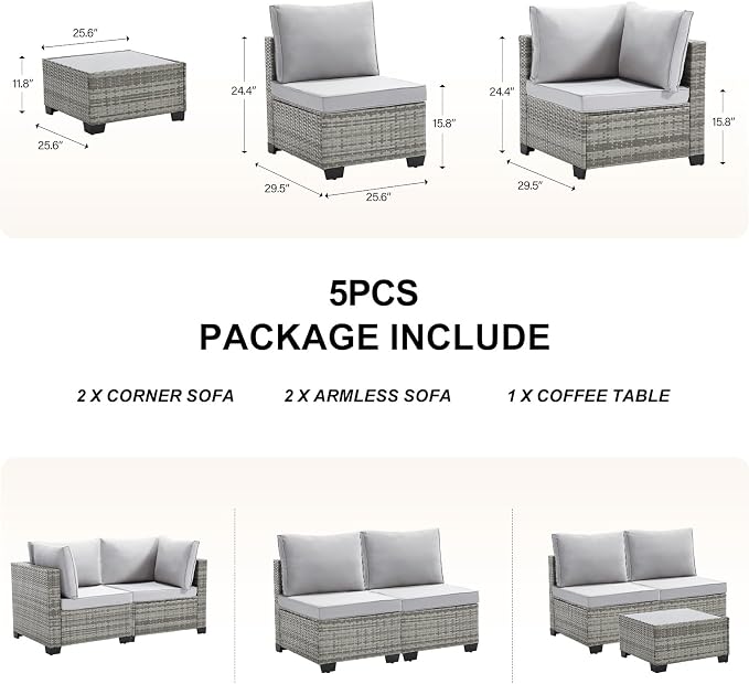 CANMOV 5 Pieces Patio Furniture Sets, All Weather Outdoor Patio Conversation Set, Wicker Rattan Sectional Sofa Couch with Glass Coffee Table, Washable Cushions for Backyard Garden, Porch, Light Grey