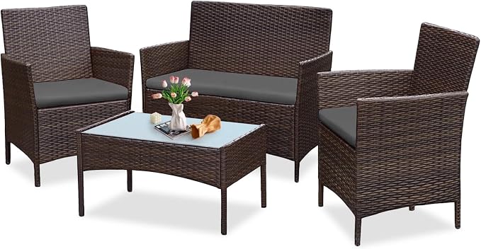 PROHIKER 4 Piece Outdoor Wicker Patio Conversation Furniture Set, Rattan Chair Wicker Sofa Garden Conversation Sets with Cushion and Glass Table for Yard Pool or Backyard, Brown/Dark Gray