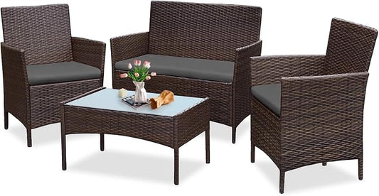 PROHIKER 4 Piece Outdoor Wicker Patio Conversation Furniture Set, Rattan Chair Wicker Sofa Garden Conversation Sets with Cushion and Glass Table for Yard Pool or Backyard, Brown/Dark Gray