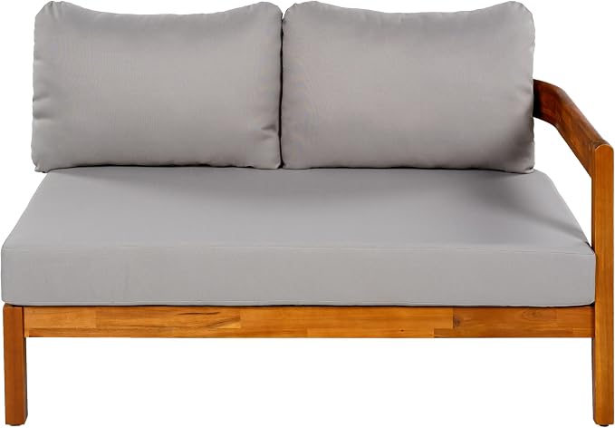 Acacia Wood L-shaped Outdoor Corner Sofa, Patio Conversation Furniture Set With 6 Soft Seat Cushions and Backpack , All Weather Outdoor Patio Sofa with Arc frame for Backyard, Garden (Grey-3.20)