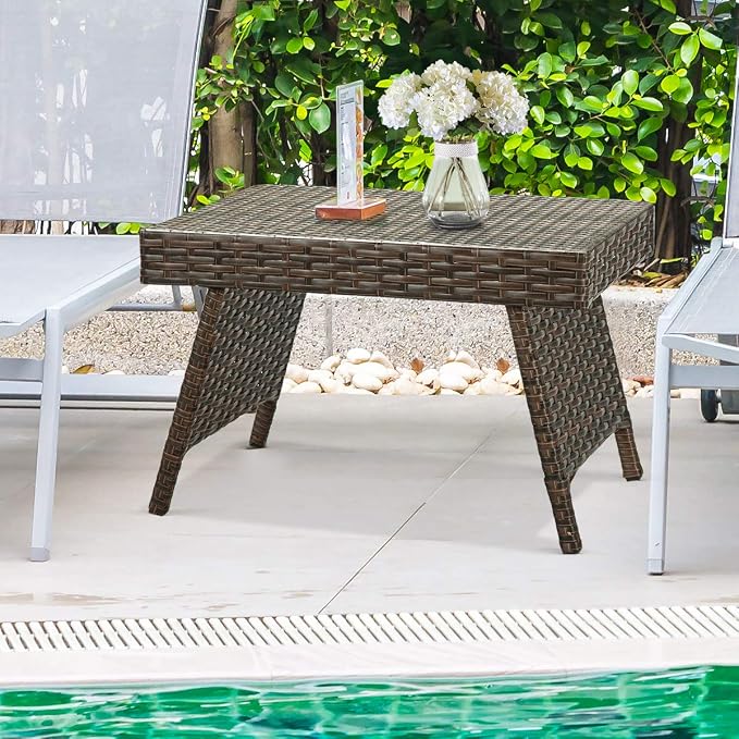 ReunionG Outdoor Patio Wicker Table, Portable Folding Table with Rattan and Steel Frame, Leisure Coffee Table, All Weather Standing Side Table for Lawn Garden, Courtyard, Poolside (Brown)