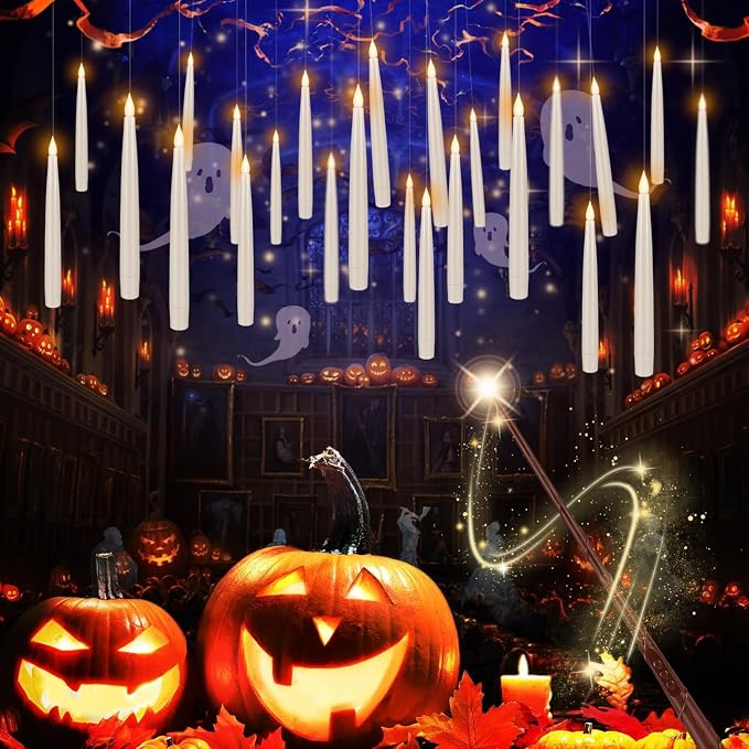 YOROXRG 24 Pack Halloween LED Magic Hanging Floating Candles, Taper Flickering Flameless with 2 Magic Wands - Candle Set for Halloween, Christmas, Weddings, Birthdays & Fantasy Ambiance...