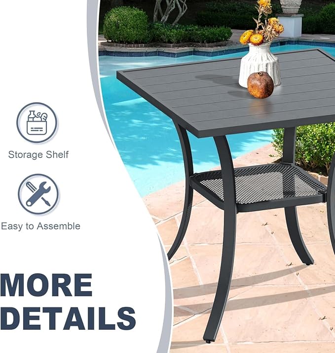 VICLLAX 3 Pieces Patio Outdoor Dining Set, 2 Swivel Textilene Chairs and 27.6" Square Metal Table with Storage for Porch, Deck, Garden, Black/Brown