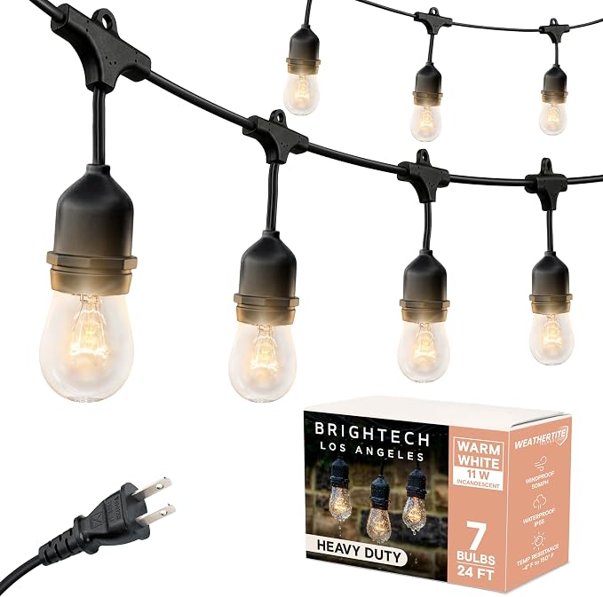 Brightech Ambience Pro Incandescent Outdoor String Lights - Commercial Grade Waterproof Patio Lights with 24 Ft Dimmable Edison Bulbs, Porch String Lights for Patio, Backyard, Christmas - 7 Bulbs 11W