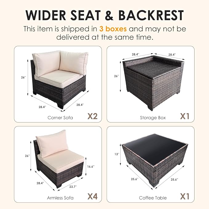 8 Pieces Patio Furniture Set with Storage, Outdoor Sectional Sofas | Storage Box with a Waterproof Bag, Wicker Modular Outdoor Sectional Furniture with Thick Cushions for Deck, Porch, Beige