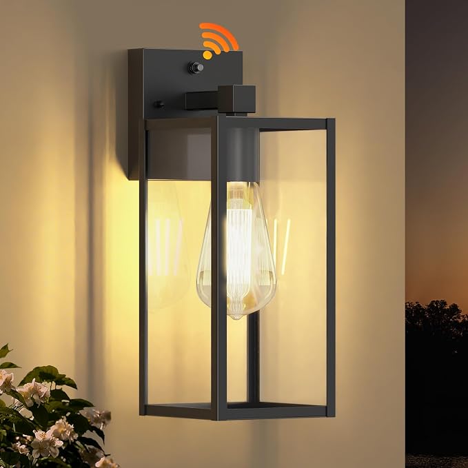 13" Dusk to Dawn Exterior Lighting Fixture, Outdoor Porch Light Wall Sconce | Anti-Rust Metal Frame, Tempered Glass, E26 Base, Waterproof, Sensor Wall Lantern for Patio, Garage, Entryway