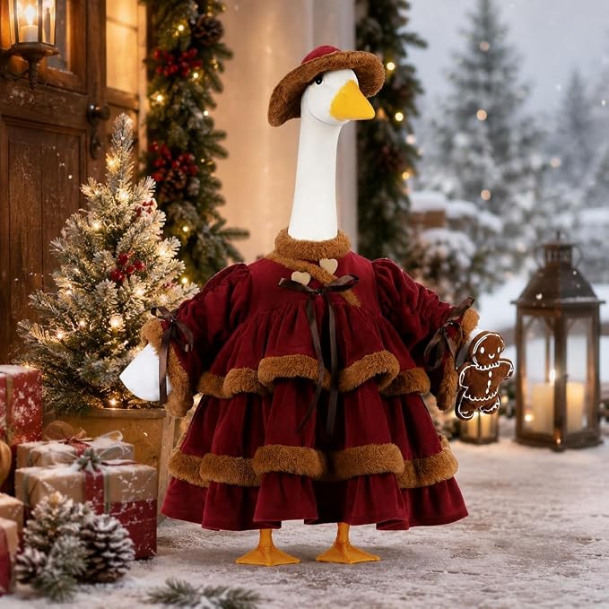 STONESTAR Christmas Porch Goose Outfits for 23" High Cement Plastic Lawn Goose Statue, Vintage Gingerbread Velvet Tiered Dress Goose Costume for Patio Yard Xmas Santa Holiday Decor