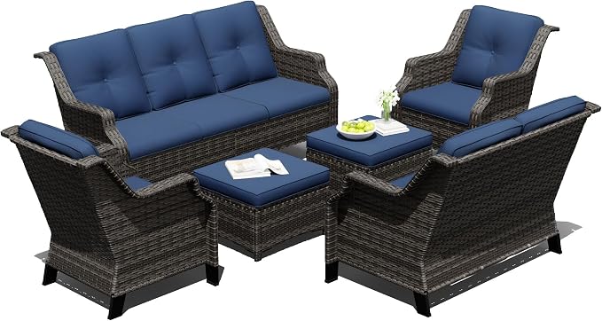 Outdoor Patio Furniture Set, 6 Piece Wicker Patio Furniture with Thick Cushions, Curved Armrest, Deep Seating, Rattan Outdoor Chairs for Porch, Deck, Balcony