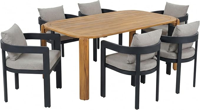 Christopher Knight Home Kaja Acacia Wood Outdoor Dining Set for 6, 7 Piece Patio Dining Table and Chair Set, Aluminum Outdoor Dining Chair and Table Set with Removable Cushion, Teak+Gray+Dark Gray