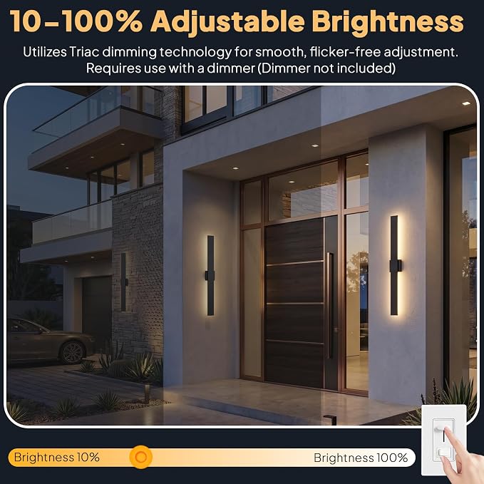 2 Pack LED Outdoor Wall Lights Dimmable, 3000K/4500K/6000K, 39.3" Modern Black Outdoor Wall Sconce, Linear IP65 Waterproof Exterior Wall Light Fixture for Entrance, Hallway, Garage, Porch