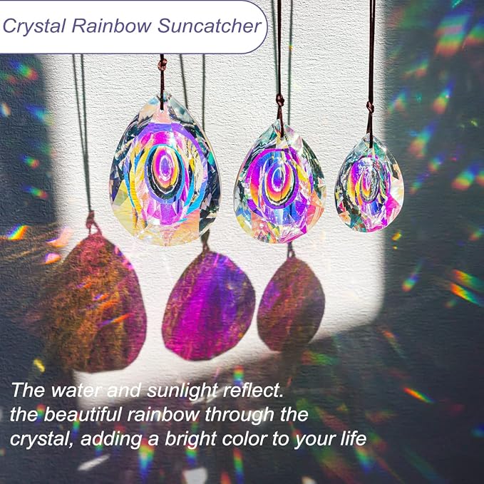 Window Hanging Crystal Prisms Sun Catcher AB Coating Rainbow Maker Glass Prisms Hanging Suncatcher Pendant for Home Garden Decor,76mm/63mm/50mm Chandelier Prism Parts, Pack of 3 | AB Coating Crystal Prism Suncatcher Set 3 Sizes for Chandelier Window Ga...