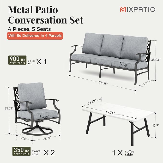 MIXPATIO Patio Furniture Set 4 pcs, Outdoor Patio Furniture, 3-Seat Sofa, 2 Swivel Chairs, Coffee Table and 5.75" Extra Thick Cushion, Patio Conversation Set for Backyard Deck,Grey