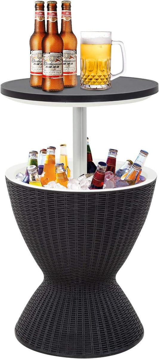 FDW Cool Bar Cooler Table Outdoor Patio Furniture and Hot Tub Side Table 3in1 All-Weather Cool Wicker Bar Table + Ice Bucket + Cocktail Coffee Table with 8 Gallon Beer and Wine Cooler (Black)