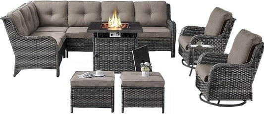Belord Patio Furniture Set with Fire Pit Table,8 Piece Wicker Outdoor Furniture Set, Swivel Rocker Chairs with Ottomans and Sectional Couch, All Weather Patio Conversation Set,Gray Wicker/Gray