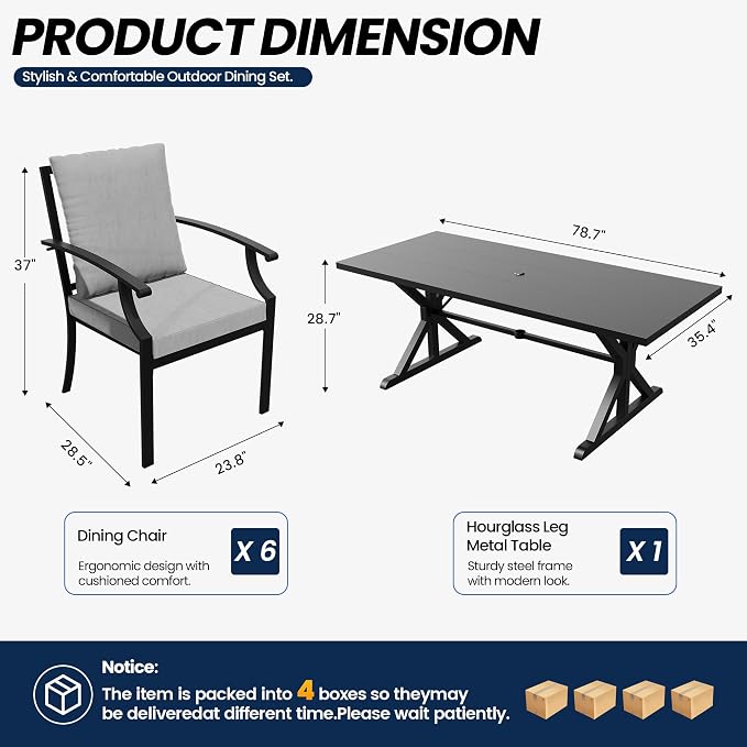 Kullavik 7 Pcs Outdoor Dining Set,Patio Dining Table and Chairs Set for 6,Fence Pattern Back Chairs with Thickened Cushions & X-Frame Metal Dining Table with Umbrella Hole for Patio,Grey