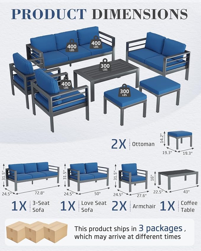 AECOJOY Aluminum Patio Furniture Set, 9 Seats Modern Outdoor Furniture with Coffee Table, 7 Pieces Metal Conversation Sectional Sofa, Blue