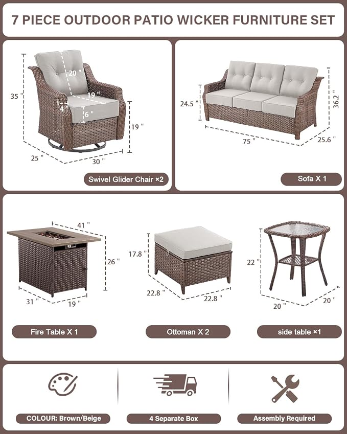 Belord Luxurious 7 Piece Patio Furniture Set with Fire Pit Table, High Back Wicker Swivel Rocker Glider Outdoor Chairs with 6" Cushion, All-Weather Patio Conversation Set for Yard Garden - Brown/Beige