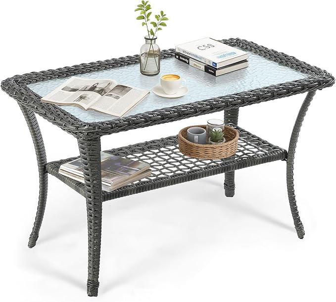 VIVIJASON Outdoor Wicker Coffee Table, All-Weather Rattan Patio Coffee Table with 2-Tier Storage, Tempered Glass Top Rectangle Center Table for Deck, Garden, Balcony, Indoor or Outdoor Use, Gray