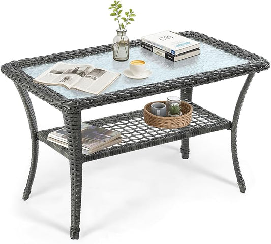 VIVIJASON Outdoor Wicker Coffee Table, All-Weather Rattan Patio Coffee Table with 2-Tier Storage, Tempered Glass Top Rectangle Center Table for Deck, Garden, Balcony, Indoor or Outdoor Use, Gray