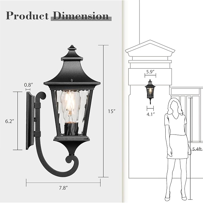Emliviar Outdoor Light Fixture Wall Mount, 15 Inch 1-Light Exterior Wall Sconce Light with Water Ripple Glass, Black Finish, XE292UB-SW BK