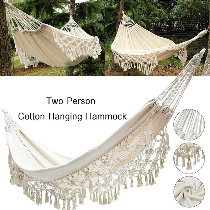 Boho Large Brazilian Macrame Double Hammock Swing Bed with Carry Bag for Patio,Bedroom, Yard, Beach, Indoor, Outdoor & Wedding Party Decor, White(Beige) Party