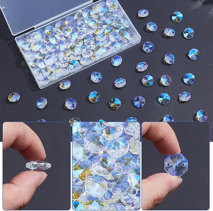 1 Box 120Pcs 14mm Glass Octagon Crystal Beads Crystal Suncatcher Beads with 2 Hole Clear AB Suncatcher Supplies Chandelier Replacement Connector Spacers for DIY Lamp Hanging Pendant Jewelry