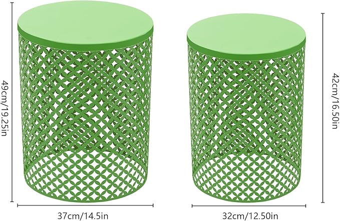Side Table Set of 2, Iron Side Table 14.6x19.3In & 12.6x16.5In, Metal Accent Table with Openwork Flower Pattern, Cylindrical Freestanding Outdoor End Table for Patio Garden Living Room (Green)