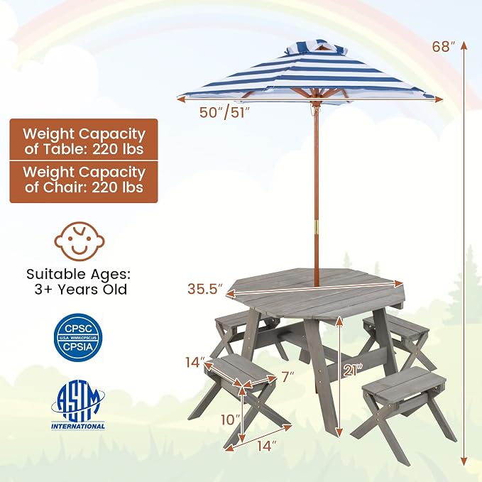 Costzon Kids Picnic Table, Fir Wood Octagon Kids Table and Chair Set with Removable Umbrella, Toddler Activity Table for Backyard, Garden, Patio, Kids Outdoor Furniture for Boys Girls (Grey)