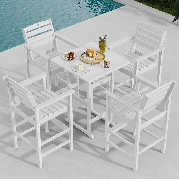 Patio Bar Table,Adirondack Chairs and Table 4 Pieces Set, Bar Height Chairs Set of 4, Outdoor Bar Stools Set,Weather-Resistant Outdoor Furniture for Deck, Balcony, Poolside Easy Assembly