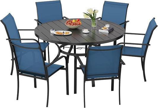 7-Piece Patio Dining Set,6 Person Outdoor Table and Chairs Set, 6 Metal Dining Chairs and Round Outdoor Table with 1.57" Umbrella Hole,Blue