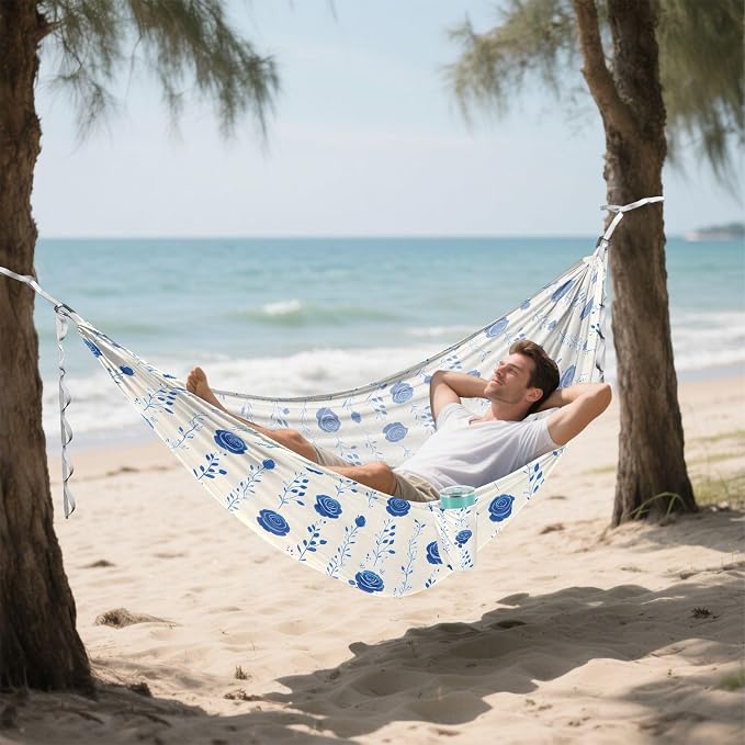 Camping Hammock Outdoor Hammocks for Outside Blue Rose 1 Beach Trees Portable Lightweight with Pockets Tree Straps Indoor