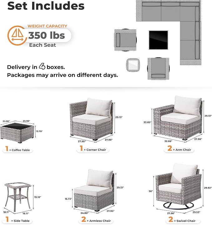 ovios 9 Pieces Patio Furniture Set, Outdoor Wicker Sectional Sofa with 2 Swivel Chairs Coffee Table, Modern Modular Deep Seat Rattan Couch Conversation Sets, Beige