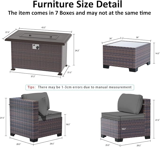 Outdoor Patio Furniture Set with Gas Fire Pit Table, 13 Pieces Outdoor Furniture Set Patio Sectional Sofa w/43in 55000 BTU Propane Fire Pit, PE Wicker Rattan Patio Conversation Sets - Grey.