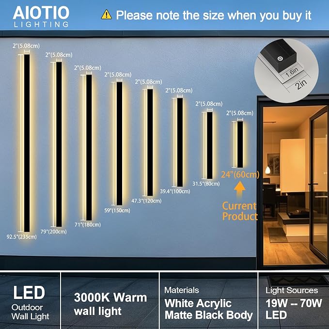 AioTio Modern Outdoor Wall Light for House,2pack 23.6inch Black LED Exterior Wall Sconces Lighting Fixtures, Outdoor Porch Light Fixture 3000K Long Linear Wall Light Outside Lighting for Patio
