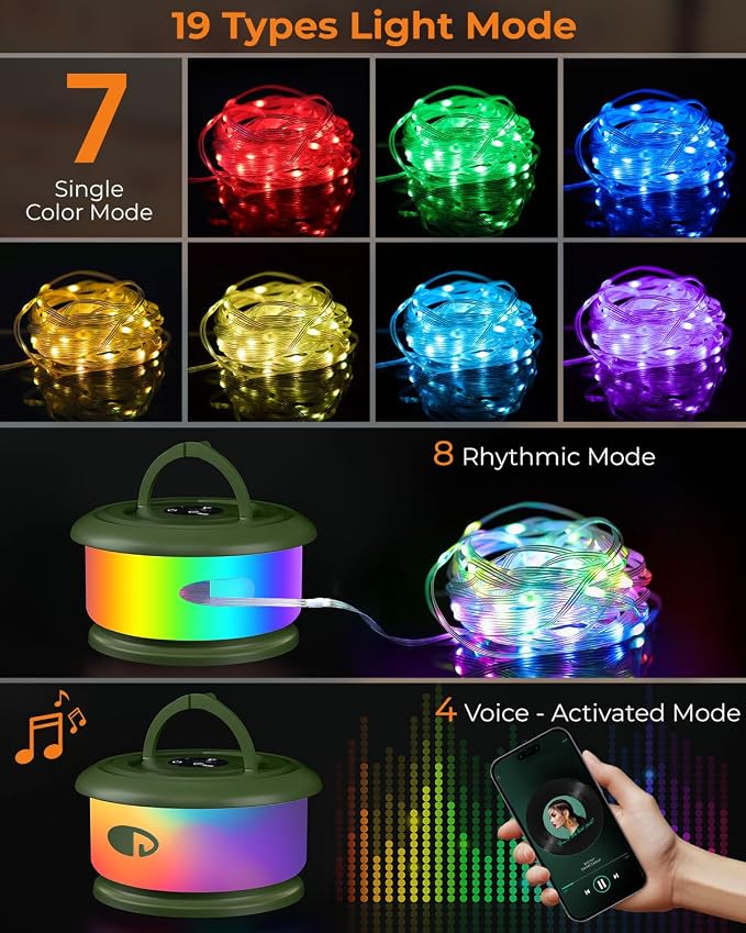 Camping String Lights, Retractable 32.8FT Rechargeable Fairy Light | Quick Storage RGB Flash Lamp Outdoor Waterproof, Portable Hanging Lantern for Outside Tent Patio Awning Garden RV Essentials