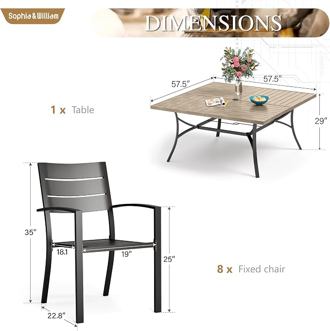 Sophia & William Patio Table and Chairs Set, Outdoor Dining Set for 8, 9 Piece Metal Patio Furniture, 57.5" Square Table with Wood-Like Tabletop