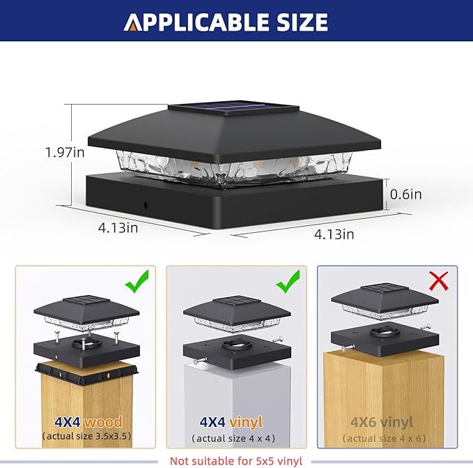 APONUO Solar Post Cap Lights for 4x4 Posts - IP64 Waterproof, 6500K LED, No-Wire Fence Lights & Deck Lights for Patio Garden Yard Patio, Black-Cool White, 8 Pack