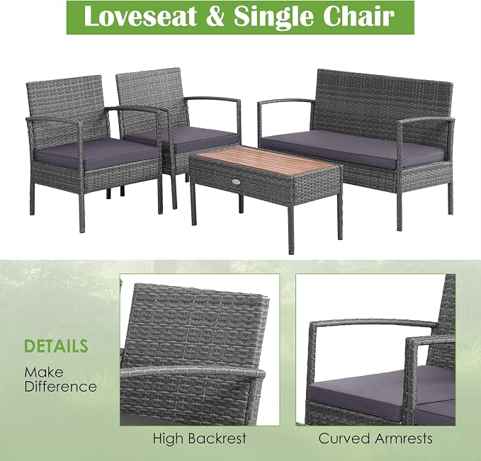 Tangkula 4 Pieces Rattan Patio Conversation Set, Patiojoy Outdoor Wicker Sofa with Seat Cushions, Heavy-Duty Steel Frame, Acacia Wood Tabletop, Outdoor Furniture for Poolside, Deck, Garden