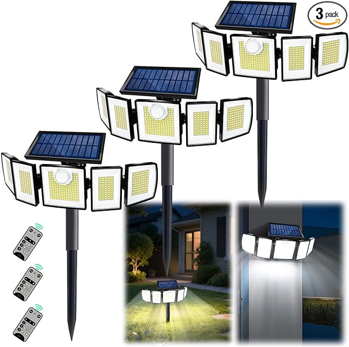 MDCMDCM Solar Lights Outdoor Waterproof Motion Sensor - 3000 Lumens 5-Head Adjustable Solar Flood Light, IP65 Waterproof Solar Security Light for Yard, Garage, Driveway, Garden(with Stakes, 3)