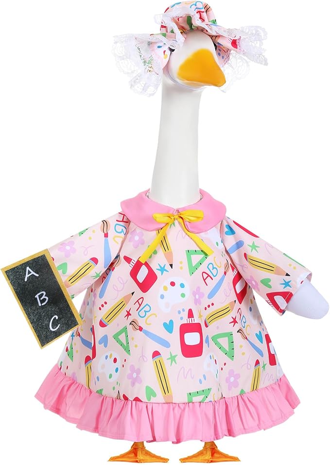 FuWeave Back to School Porch Goose Outfit Set for Plastic Statue Lawn Porch Goose Clothes with Schoolbag for Patio Decor