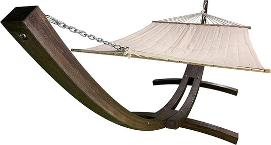 14 Ft. Water Treated Wooden Arc Hammock Stand + Premium Quilted, Double Padded Hammock Bed. 2 Person Bed.450 LB Capacity(Coffee Stain/Beige)