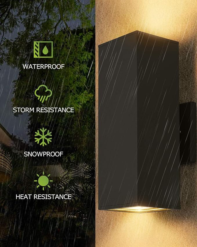 harriet Porch Lights Outdoor Modern - IP64 Waterproof Aluminum and Tempered Glass Cover, 13" Rectangular Up/Down Wall Sconce for Porch, Garage & Patio, Exterior Lighting, Black, 2 Pack