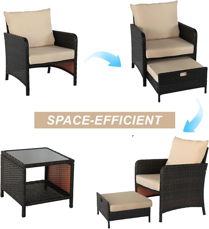 5 Piece PE Wicker Patio Furniture Set, Outdoor Conversation Chairs with Pull Out Hidden Ottoman, Soft Cushions & Glass Coffee Table, Wicker Bistro Set for Porch, Garden, Balcony, Poolside (Brown)
